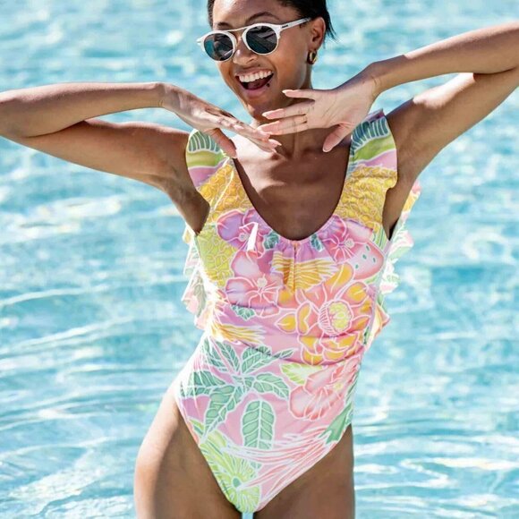 Kenny Flowers The Bahamas Ruffle One Piece With Ruching Pink Women's NWT - Picture 1 of 6